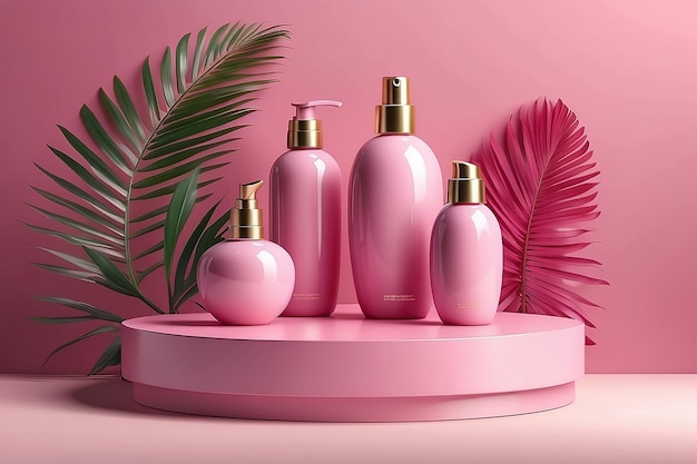 Foto plantilla de anuncios de cosméticos con botellas rosadas brillantes en el escenario circular rosado del podio