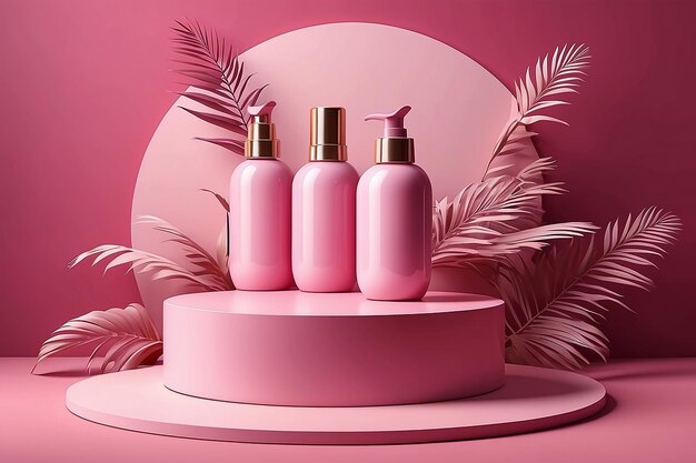 Foto plantilla de anuncios de cosméticos con botellas rosadas brillantes en el escenario circular rosado del podio