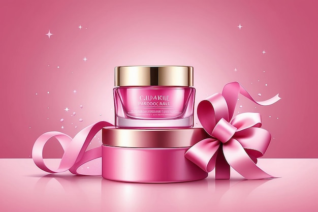 plantilla de anuncios de cosméticos y productos para el cuidado de la piel en fondo rosa con caja de regalos y cinta