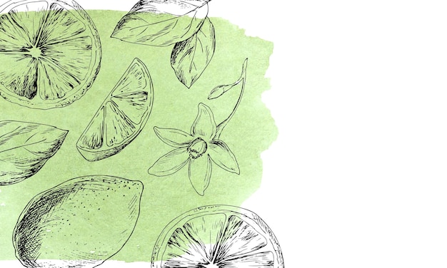 plantilla de bandera de árbol de limón Ilustración dibujada a mano de frutas con estilo de guarnición Diseño de cítricos vintage