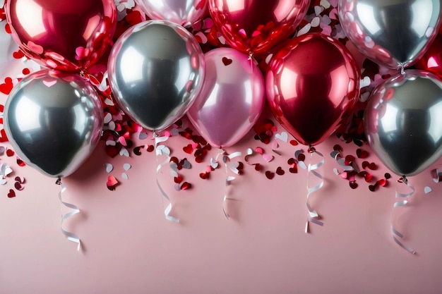 plantilla para bandera globos rojos y blancos aéreos en un fondo claro bolas de papel de aluminio confeti vacaciones