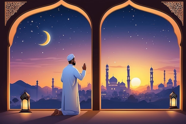 plantilla de bandera de la religión islámica Un hombre musulmán está mirando hacia la puesta del sol y rezando namaz o salah fondo de la noche santa serena