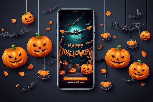 Foto plantilla de bandera de venta de halloween bandera festiva con calabazas espeluznantes en 3d smartphone ojos de caramelo araña en la web y murciélagos de papel