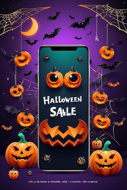 Plantilla de bandera de venta de Halloween Bandera festiva con calabazas espeluznantes en 3D Smartphone ojos de caramelo araña en la web y murciélagos de papel