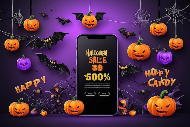 Foto plantilla de bandera de venta de halloween bandera festiva con calabazas espeluznantes en 3d smartphone ojos de caramelo araña en la web y murciélagos de papel