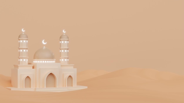 Plantilla de banner de fondo de ramadán kareem islámico con mezquita de ilustración 3d y espacio de copia del desierto árabe