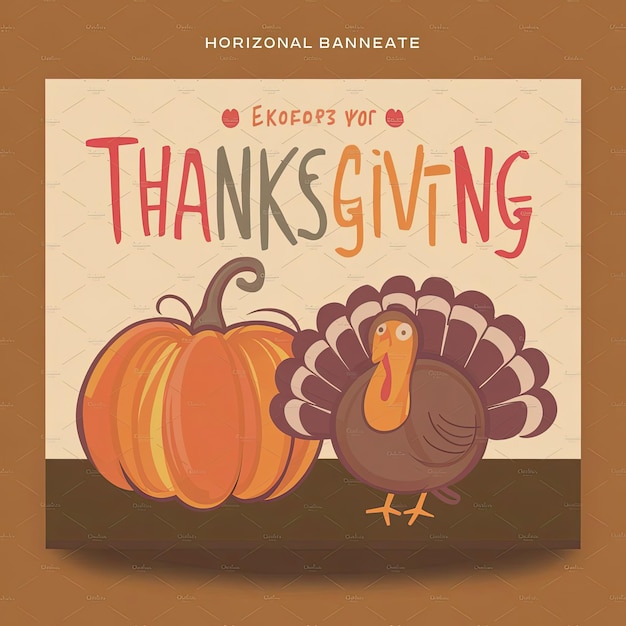 plantilla de banner horizontal de Acción de Gracias gratis con calabaza y pavo