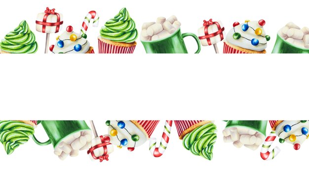 Plantilla de banner de marco de acuarela con muffins dulces de Navidad con crema y taza de dulces con