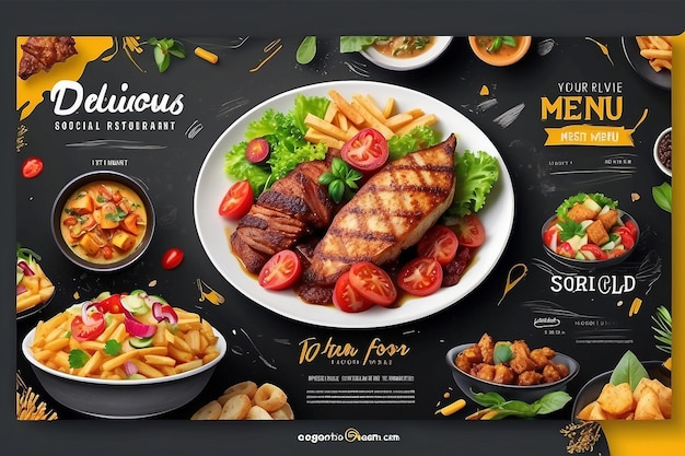 Foto plantilla de banner de menú de comida plantilla de publicación en redes sociales plantilla de restaurante de comida deliciosa