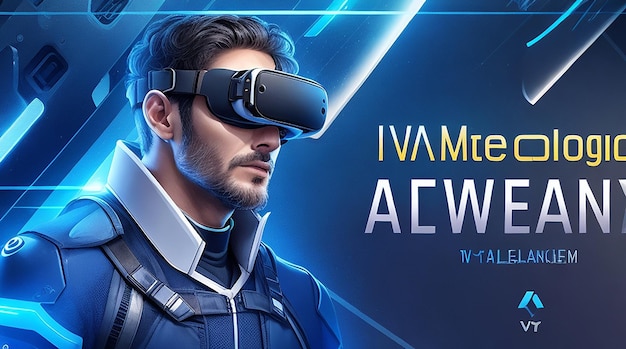 Plantilla de banner de tecnología avanzada con hombre con fondo de realidad virtual