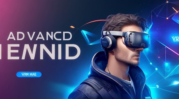 Plantilla de banner de tecnología avanzada con hombre con fondo de realidad virtual