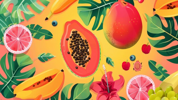 La plantilla de banner de venta de verano presenta frutas exóticas tropicales orgánicas naturales Ilustración plana ideal para anuncios estacionales o descuentos de alimentos veganos