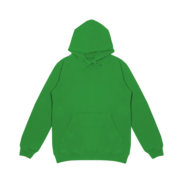 Plantilla en blanco capucha verde plana sudadera con capucha con manga larga maqueta plana para diseño e impresión capucha frente y atrás vista superior aislada sobre fondo blanco