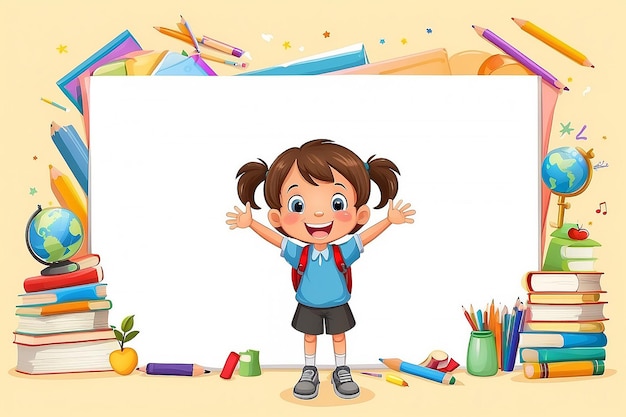 Foto plantilla de borde con ilustración de niño de escuela feliz