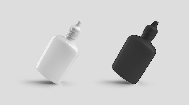 Plantilla de una botella negra blanca de plástico con un tapón de rosca un frasco para gotas de líquidos