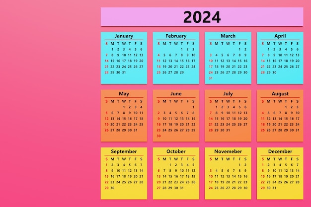 Foto plantilla de calendario mensual multicolor en estilo minimalista para 2024 calendario vertical imprimible establecido para 12 meses página con el mes actual y futuro anterior