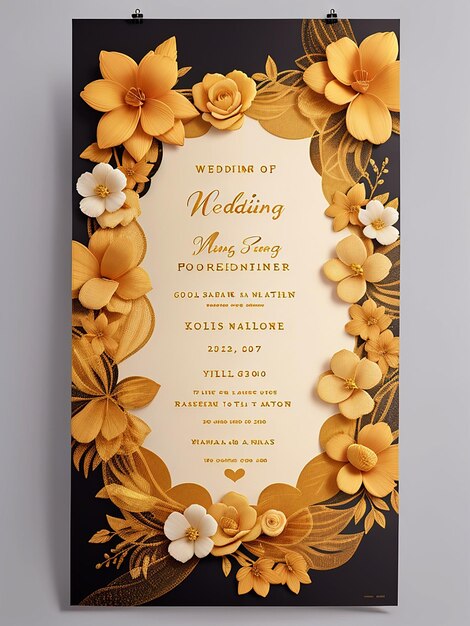 plantilla de cartel de invitación de boda floral dorado