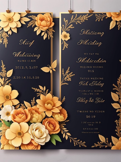 Plantilla de cartel de invitación de boda floral dorado