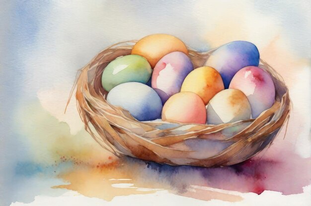 plantilla de cartel de pascua estilo acuarela nido acunando una diversidad huevos de pascua anidados en suave