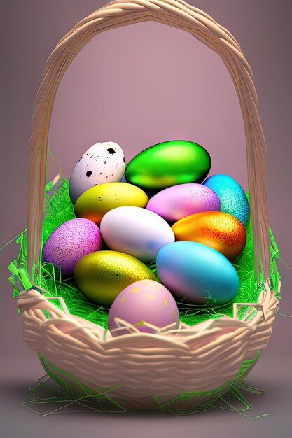 Plantilla de cartel vertical de Pascua festiva con plantilla de sitio web de huevos coloridos Vacaciones de primavera Huevos de Pascua en una cesta Feliz Pascua Conjunto de huevos de Pascua