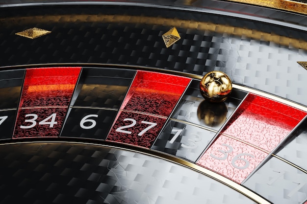 Plantilla de casino creativa, ruleta negra y dorada sobre fondo negro. El concepto de ruleta, casino, juegos de azar, adicción, Vegas. Copie el espacio, ilustración 3d, renderizado 3d.