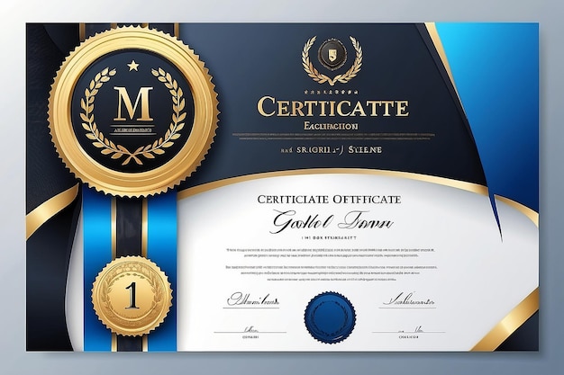 plantilla de certificado en elegantes colores negro y azul con medalla de oro