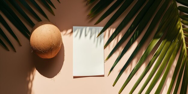 Foto plantilla con cocos y hojas de palma tropicales superpuesta sombra concepto de complejo de vacaciones de verano