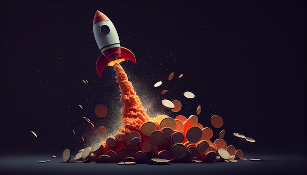 Plantilla de un cohete que vuela al espacio con monedas de oro de criptomoneda el aumento del precio de la criptomoneda