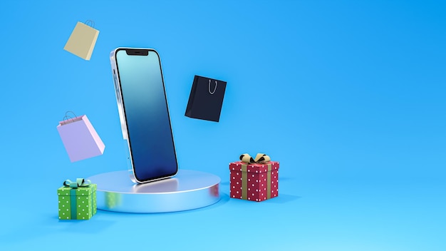 Plantilla de compras en línea a través de la aplicación de teléfono inteligente bolsas de compras flotantes y cajas de regalo con el teléfono móvil del teléfono inteligente sobre fondo azul Concepto de tienda en línea representación 3D