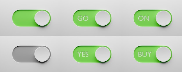Plantilla de conjunto de botones de interruptor de palanca Interruptor verde ON GO SÍ COMPRAR Diseño de interruptor para aplicación o sitio web 3d render