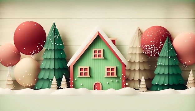 Plantilla de decoración navideña de papel con árboles en colores pastel en formato 3D con espacio para texto Tarjeta de Navidad generada por IA