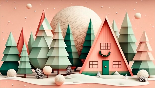 Plantilla de decoración navideña de papel con árboles en colores pastel en formato 3D con espacio para texto Tarjeta de Navidad generada por IA