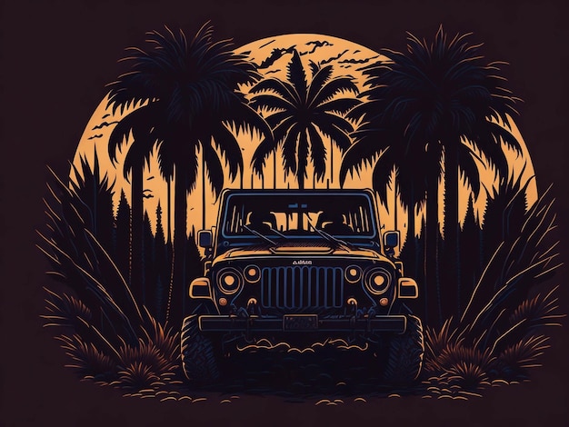 plantilla de diseño de camiseta de fondo de coche vintage al atardecer