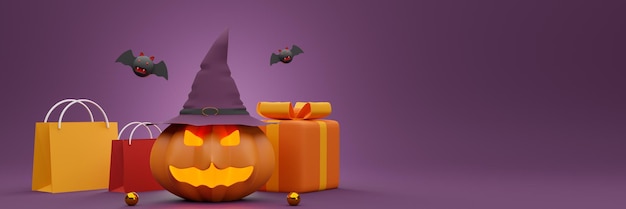 Foto plantilla de diseño de cartel o volante de happy halloween concept para publicidad web día de compras sociales con fantasma de calabaza y bolsa de compras sobre fondo púrpura 3d renderizado