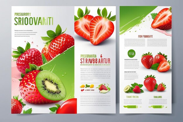 Foto plantilla de diseño de folleto vectorial con fondo borroso con frutas y fresa