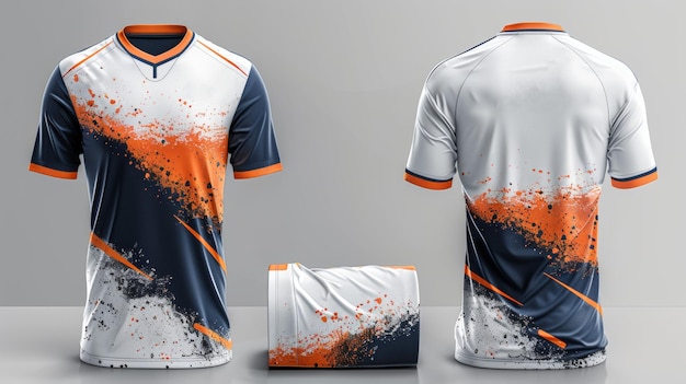 Esta plantilla de diseño presenta un patrón azul blanco y naranja que se utiliza para kits de fútbol, camisetas y camisetas