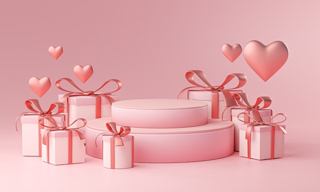 Plantilla de escenario Valentine Wedding Love Forma de corazón y caja de regalo Representación 3D