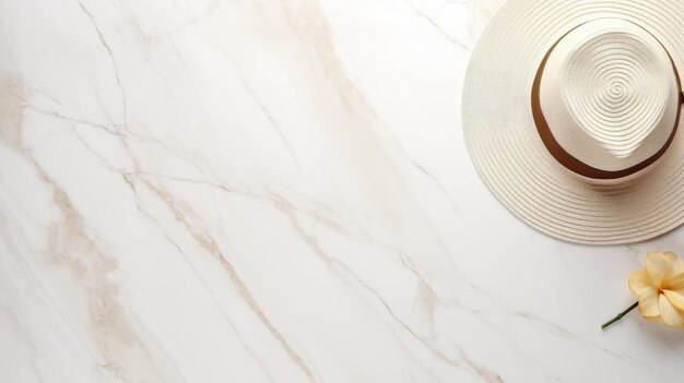 plantilla de espacio de trabajo de escritorio de casa minimalista con accesorios de oro de sombrero de paja y un espacio de copia de maqueta en blanco en una mesa de mármol