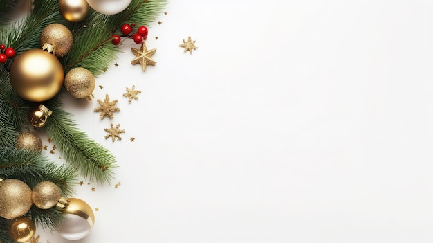 Plantilla de estilo navideño fondo blanco ramas de pino bolas de navidad espacio de copia