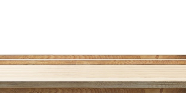 Plantilla de exhibición de producto de mesa de madera vacía y fondo blanco