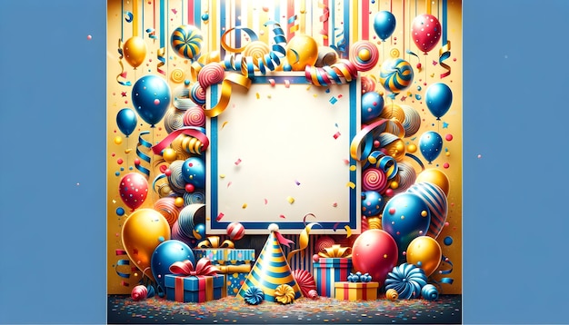 Foto una plantilla festiva con regalos de confeti y globos ideales para invitaciones de celebración