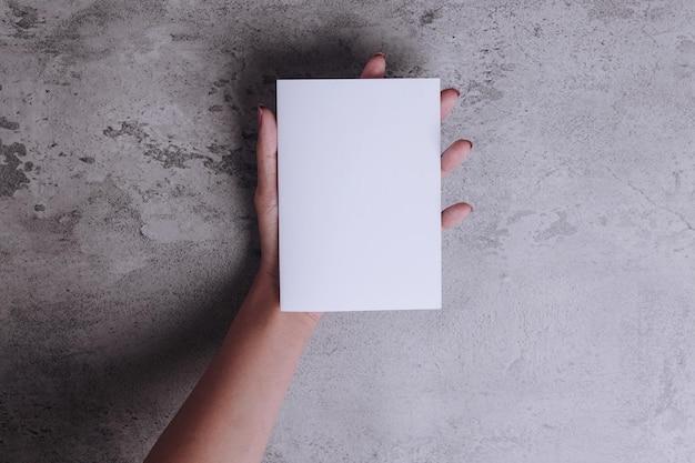 Plantilla de folleto plegado por la mitad en blanco para su presentación sobre fondo gris