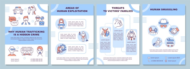 Foto plantilla de folleto sobre trata de personas, contrabando y explotación. folleto, folleto, impresión de folletos, diseño de portada con iconos lineales. diseños vectoriales para presentación, informes anuales, páginas publicitarias.