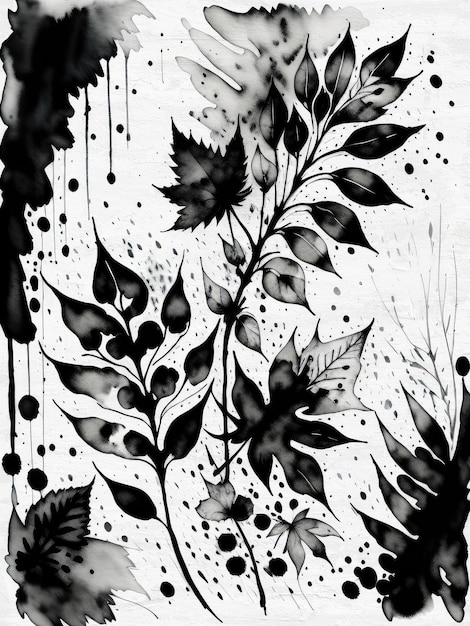 Foto plantilla de fondo artístico de reproducción de pintura de tinta de patrón floral en blanco y negro