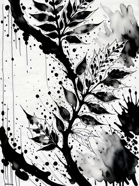 Foto plantilla de fondo artístico de reproducción de pintura de tinta de patrón floral en blanco y negro