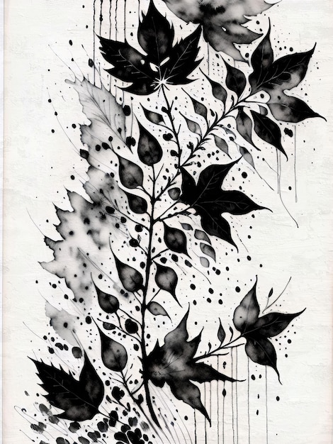 Plantilla de fondo artístico de reproducción de pintura de tinta de patrón floral en blanco y negro