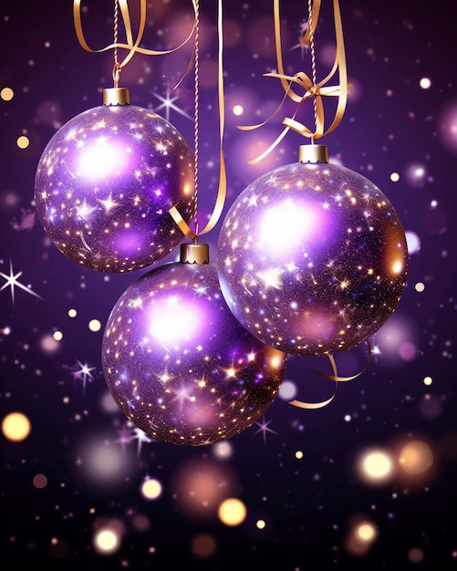 plantilla de fondo de tarjeta de año nuevo bolas de Navidad y regalos luces amarillas brillantes lila púrpura