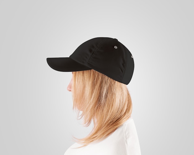 Plantilla de gorra de béisbol negra en blanco, cabeza de mujer, perfil, aislado