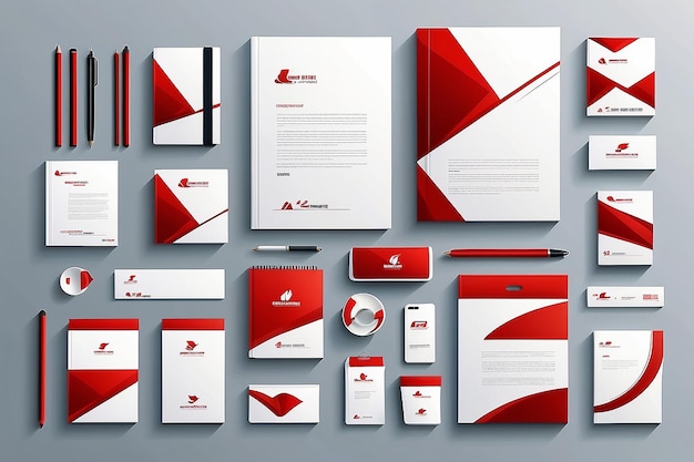 plantilla de identidad corporativa blanca con elementos rojos estilo de empresa vectorial para el libro de marca y la guía