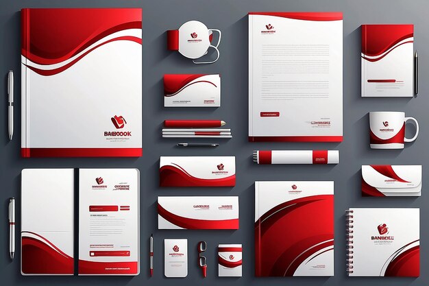 plantilla de identidad corporativa blanca con elementos rojos estilo de empresa vectorial para el libro de marca y la guía